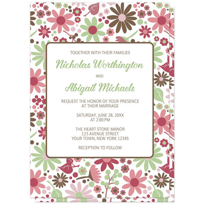 Berry Green Summer Flowers Wedding Invitations (front) at Artistically Invited. Beautiful berry green summer flowers wedding invitations designed with a pretty summer floral pattern in different hues of berry pink with green and brown. Personalize these invitations with your marriage occasion details. They're a gorgeous option for any couple who loves floral designs as they're covered in this flowers pattern on both the front and back of the invitations. 