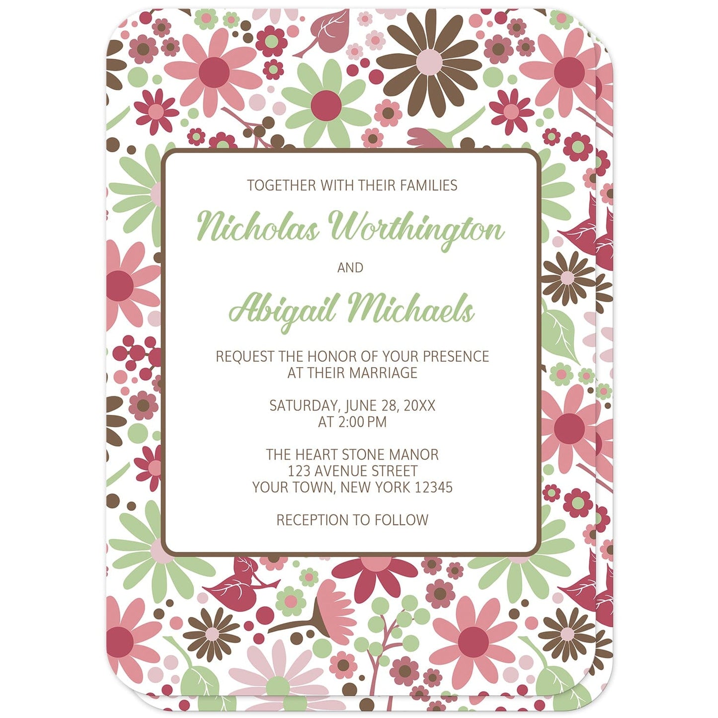 Berry Green Summer Flowers Wedding Invitations (front with rounded corners) at Artistically Invited. Beautiful berry green summer flowers wedding invitations designed with a pretty summer floral pattern in different hues of berry pink with green and brown. Personalize these invitations with your marriage occasion details. They're a gorgeous option for any couple who loves floral designs as they're covered in this flowers pattern on both the front and back of the invitations. 