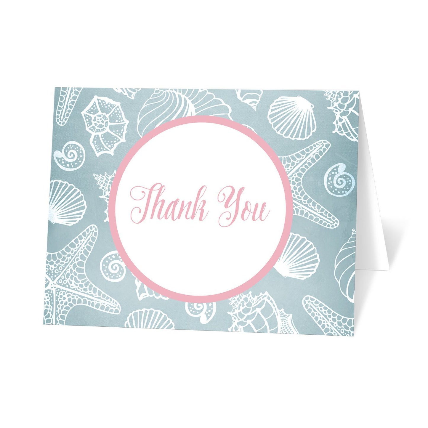 Blue Seashell Pink Beach Thank You Cards at Artistically Invited