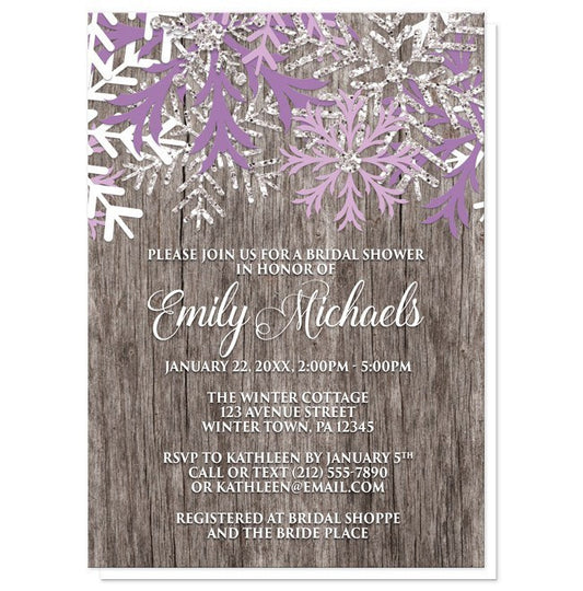 Bridal Shower Invitations - Rustic Winter Wood Purple Snowflake