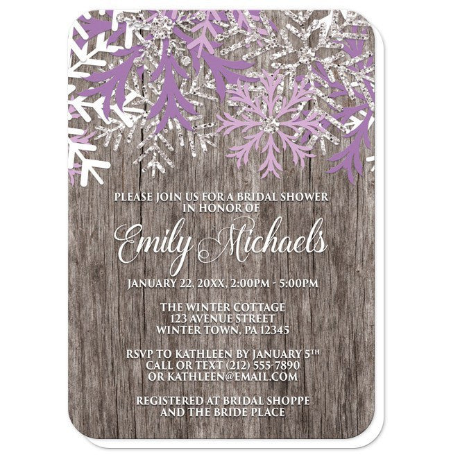 Bridal Shower Invitations - Rustic Winter Wood Purple Snowflake - rounded corners