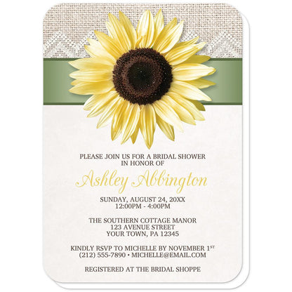 Burlap and Lace Sage Sunflower Bridal Shower Invitations (rounded corners) at Artistically Invited