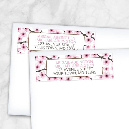 Cherry Blossom Address Labels (shown on envelopes) at Artistically Invited. 