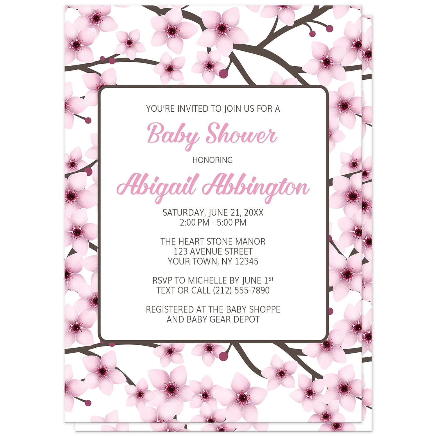 Cherry Blossom Baby Shower Invitations (front) at Artistically Invited. Cherry blossom baby shower invitations designed with a gorgeous pattern of pink cherry blossom branches. This beautiful floral background design is also printed on the back side of the invitations. Personalize these invitations with your baby shower celebration details in pink and dark brown in a white rectangular area over the pretty cherry blossoms. 