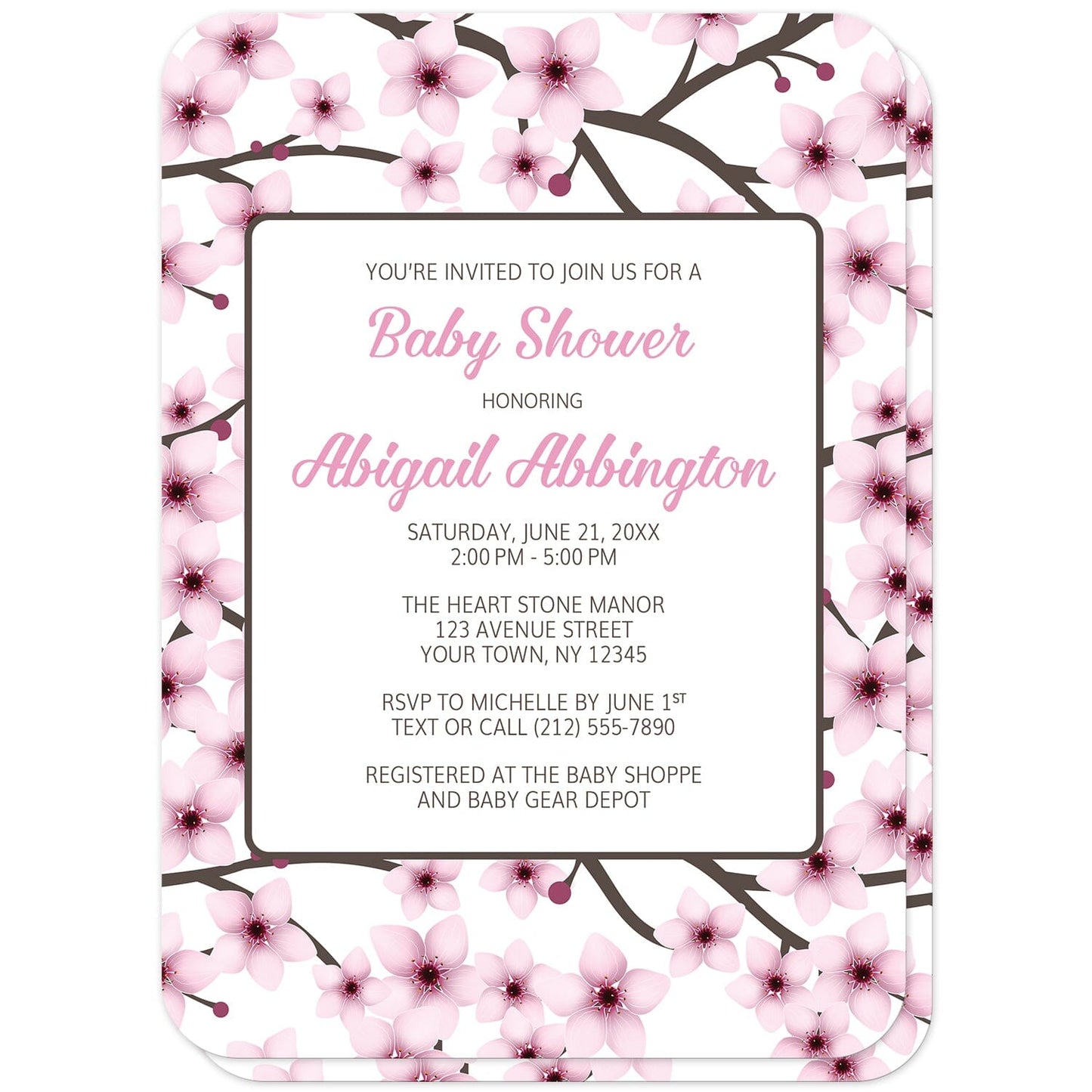 Cherry Blossom Baby Shower Invitations (front with rounded corners) at Artistically Invited. Cherry blossom baby shower invitations designed with a gorgeous pattern of pink cherry blossom branches. This beautiful floral background design is also printed on the back side of the invitations. Personalize these invitations with your baby shower celebration details in pink and dark brown in a white rectangular area over the pretty cherry blossoms. 