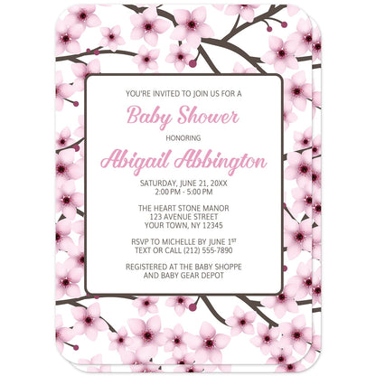 Cherry Blossom Baby Shower Invitations (front with rounded corners) at Artistically Invited. Cherry blossom baby shower invitations designed with a gorgeous pattern of pink cherry blossom branches. This beautiful floral background design is also printed on the back side of the invitations. Personalize these invitations with your baby shower celebration details in pink and dark brown in a white rectangular area over the pretty cherry blossoms. 