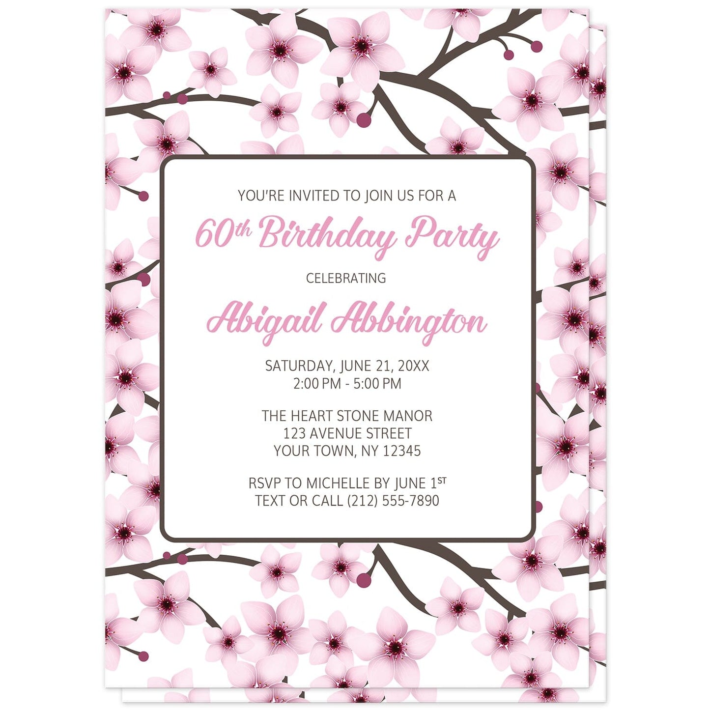 Cherry Blossom Birthday Party Invitations (front) at Artistically Invited. Cherry blossom birthday party invitations designed with a gorgeous pattern of pink cherry blossom branches. This beautiful floral background design is also printed on the back side of the invitations. Personalize these invitations with your birthday celebration details in pink and dark brown in a white rectangular area over the pretty cherry blossoms. 