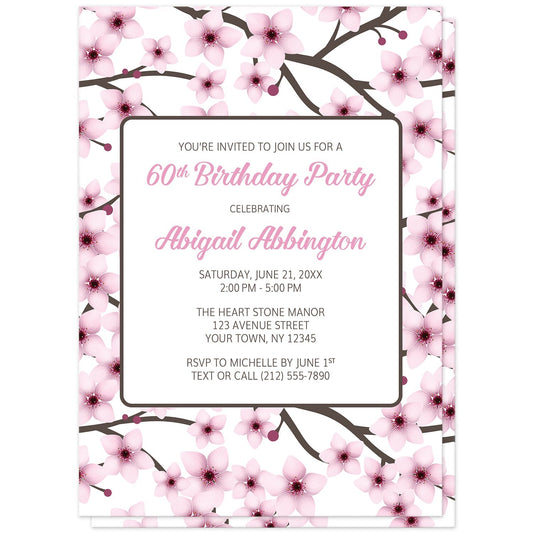 Cherry Blossom Birthday Party Invitations (front) at Artistically Invited. Cherry blossom birthday party invitations designed with a gorgeous pattern of pink cherry blossom branches. This beautiful floral background design is also printed on the back side of the invitations. Personalize these invitations with your birthday celebration details in pink and dark brown in a white rectangular area over the pretty cherry blossoms. 