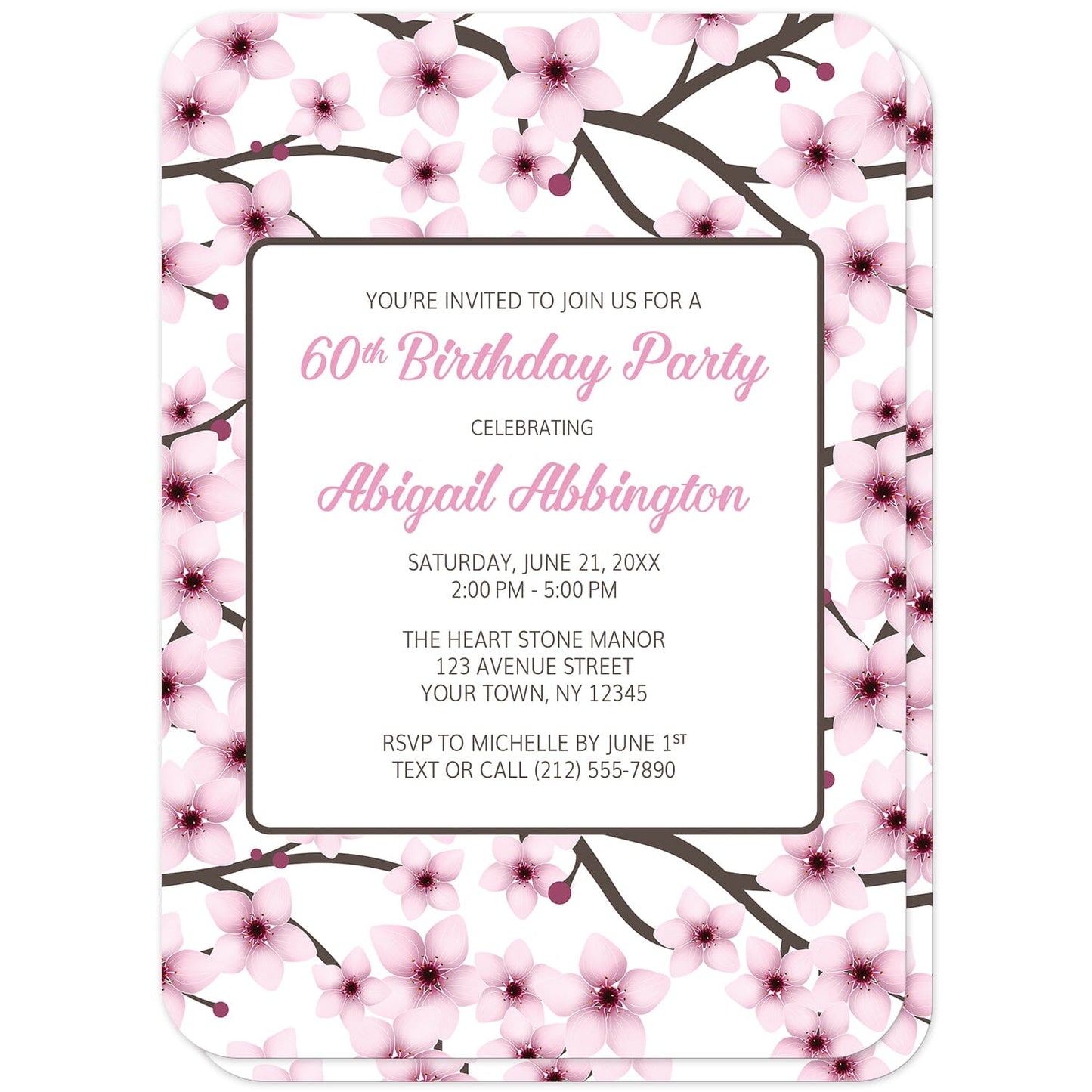 Cherry Blossom Birthday Party Invitations (front with rounded corners) at Artistically Invited. Cherry blossom birthday party invitations designed with a gorgeous pattern of pink cherry blossom branches. This beautiful floral background design is also printed on the back side of the invitations. Personalize these invitations with your birthday celebration details in pink and dark brown in a white rectangular area over the pretty cherry blossoms. 