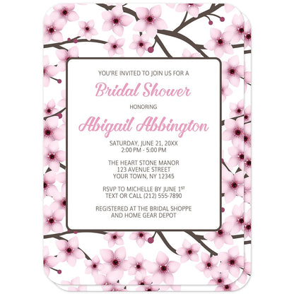 Cherry Blossom Bridal Shower Invitations (front with rounded corners) at Artistically Invited. Cherry blossom bridal shower invitations designed with a gorgeous pattern of pink cherry blossom branches. This beautiful floral background design is also printed on the back side of the invitations. Personalize these invitations with your bridal shower celebration details in pink and dark brown in a white rectangular area over the pretty cherry blossoms. 