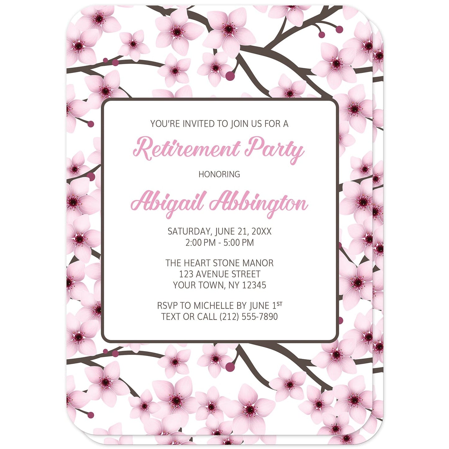 Cherry Blossom Retirement Party Invitations (front with rounded corners) at Artistically Invited. Beautiful cherry blossom retirement party invitations designed with a gorgeous floral pattern of pink cherry blossom branches on both sides of the invitations. Your personalized retirement party details are custom printed in pink and brown on white in the center area over the cherry blossoms pattern on the front. 