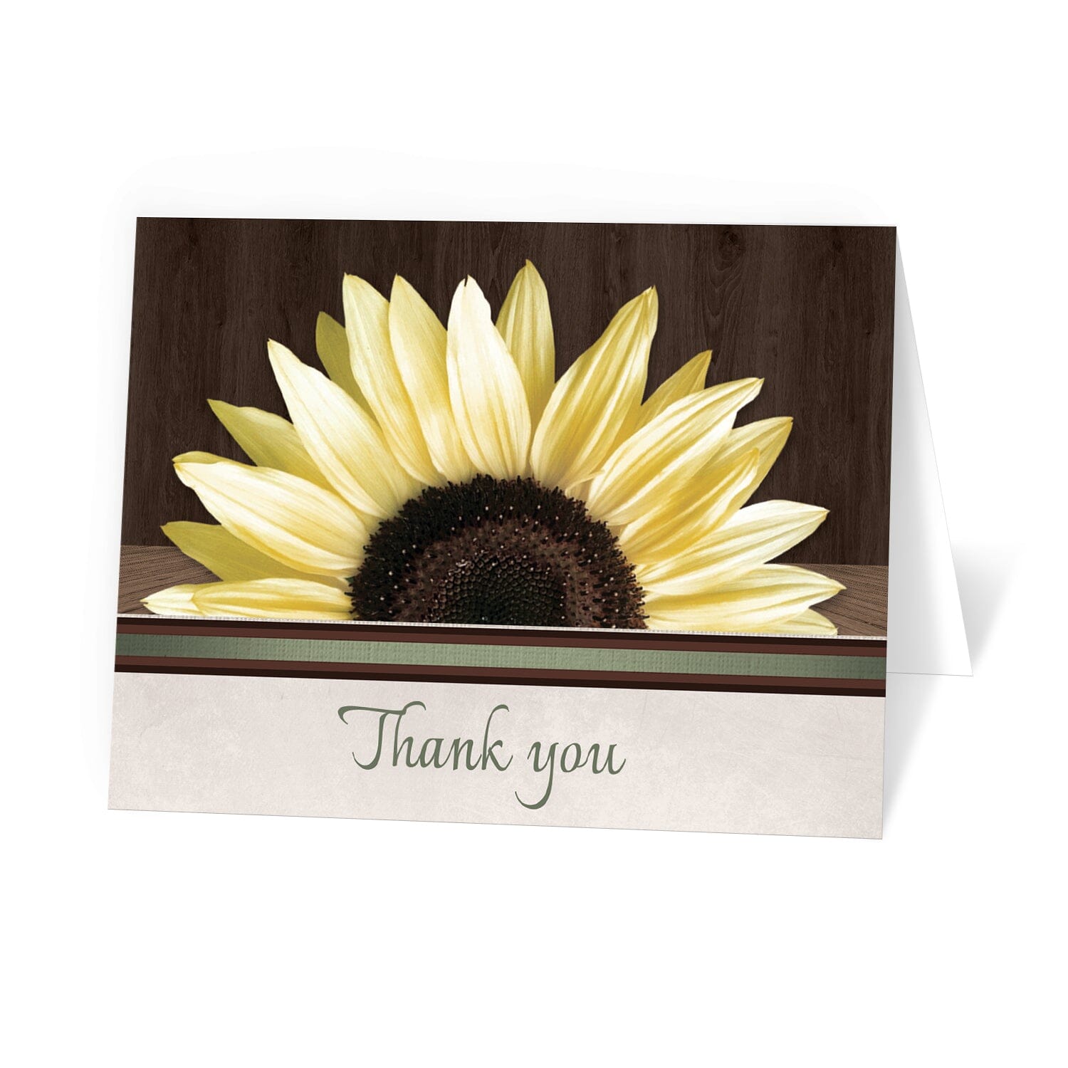 Country Sunflower Over Wood Rustic Thank You Cards at Artistically Invited.