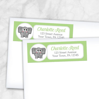 Cute Elephant Green Return Address Labels (shown on envelopes) at Artistically Invited.