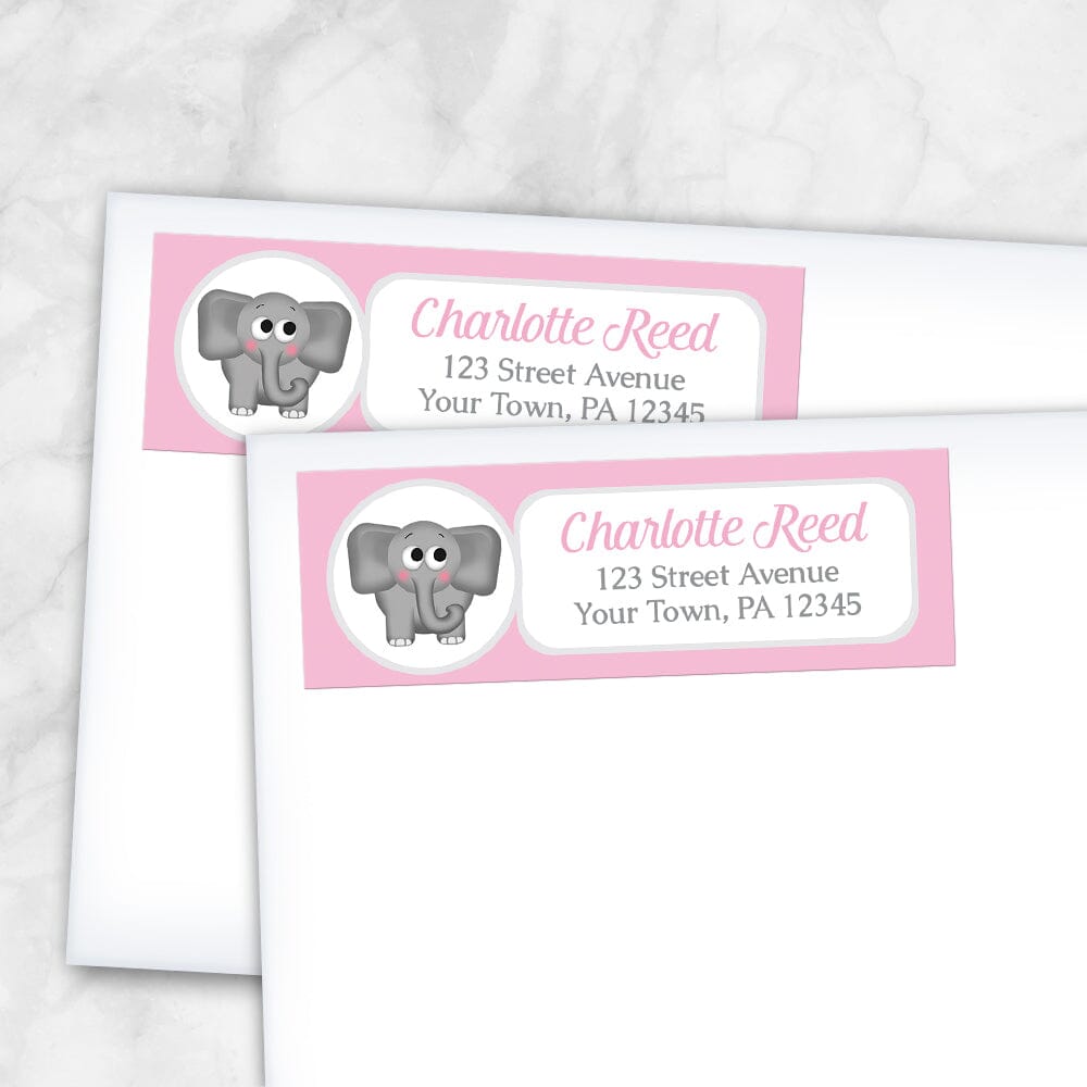 Cute Elephant Pink Return Address Labels (shown on envelopes) at Artistically Invited.