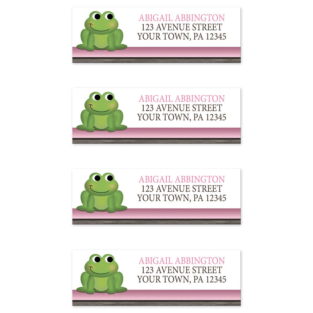 Cute Frog Green Pink Rustic Brown Address Labels (4 to a sheet) at Artistically Invited.