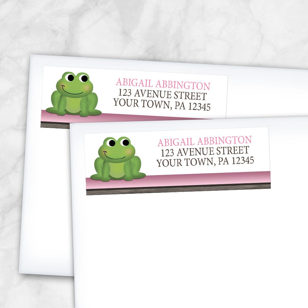 Cute Frog Green Pink Rustic Brown Address Labels (shown on envelopes) at Artistically Invited.