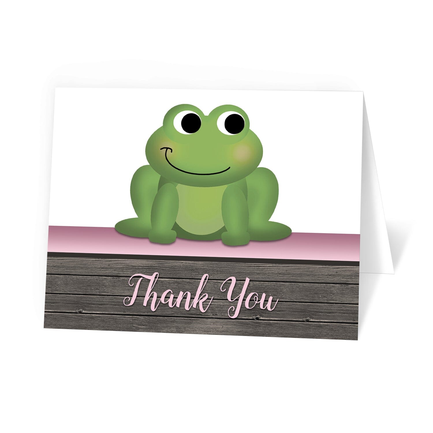 Cute Frog Green Pink Rustic Wood Thank You Cards at Artistically Invited.