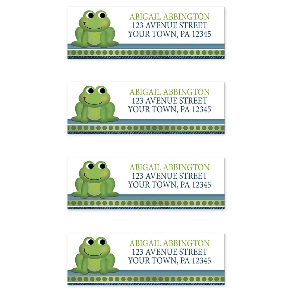 Cute Frog Green Rustic Blue Address Labels (4 to a sheet) at Artistically Invited.