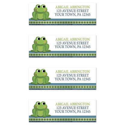 Cute Frog Green Rustic Blue Address Labels (4 to a sheet) at Artistically Invited.