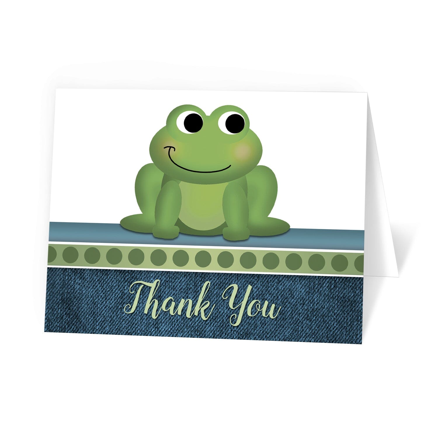 Cute Frog Green Rustic Denim Thank You Cards at Artistically Invited.