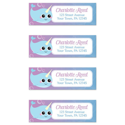 Cute Happy Narwhal Return Address Labels (4 to a sheet) at Artistically Invited.