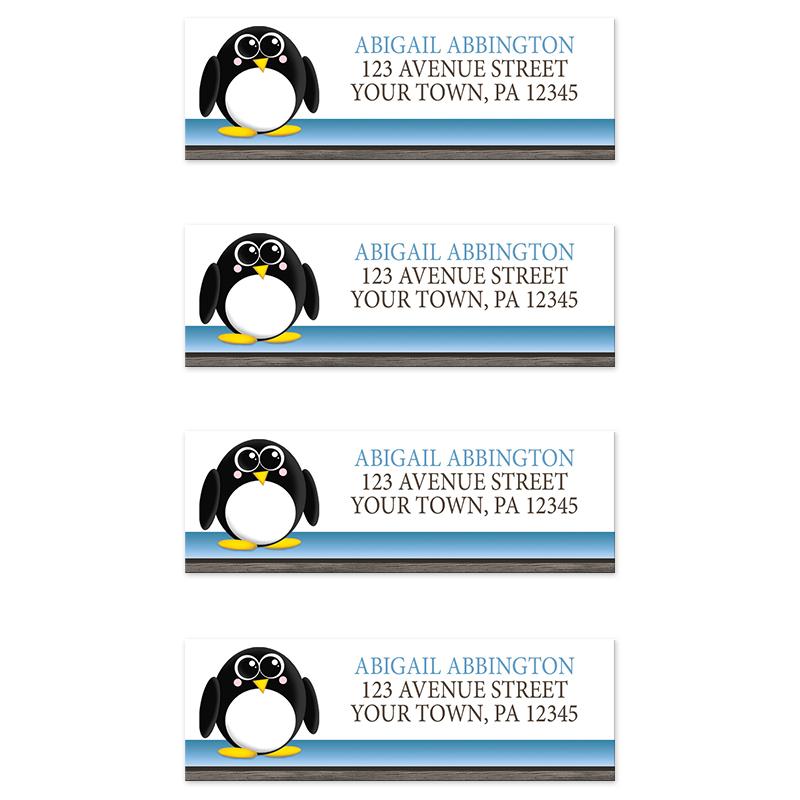 Cute Penguin Blue Rustic Address Labels at Artistically Invited