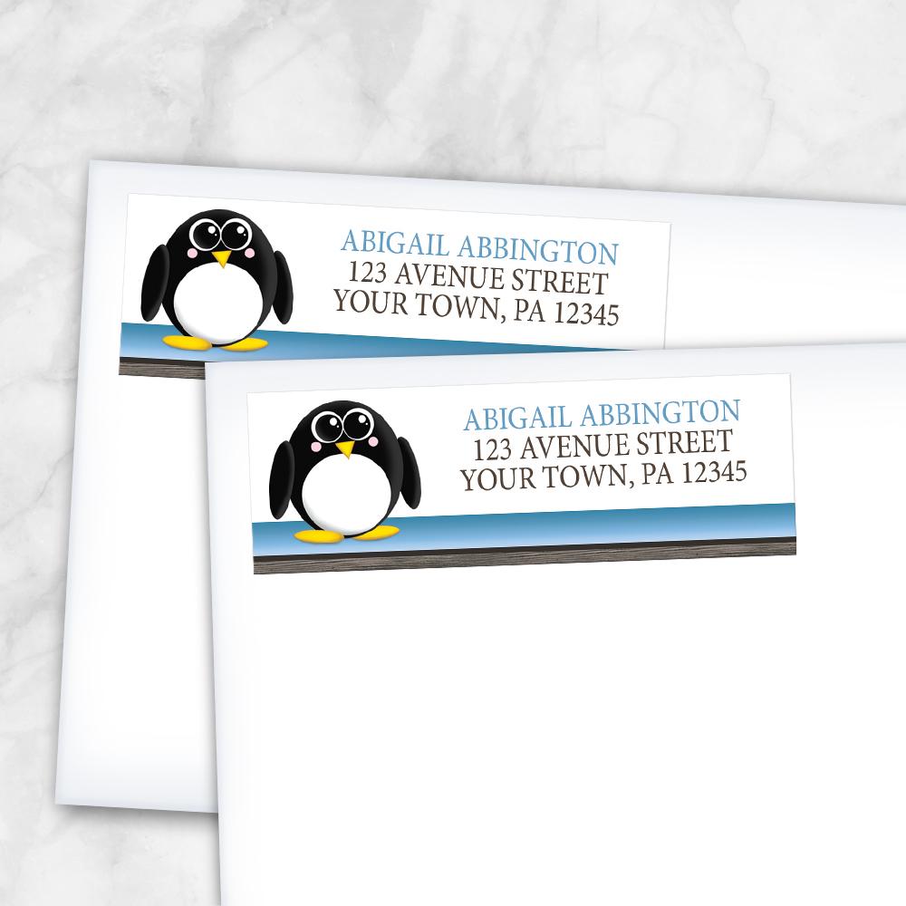Cute Penguin Blue Rustic Address Labels at Artistically Invited