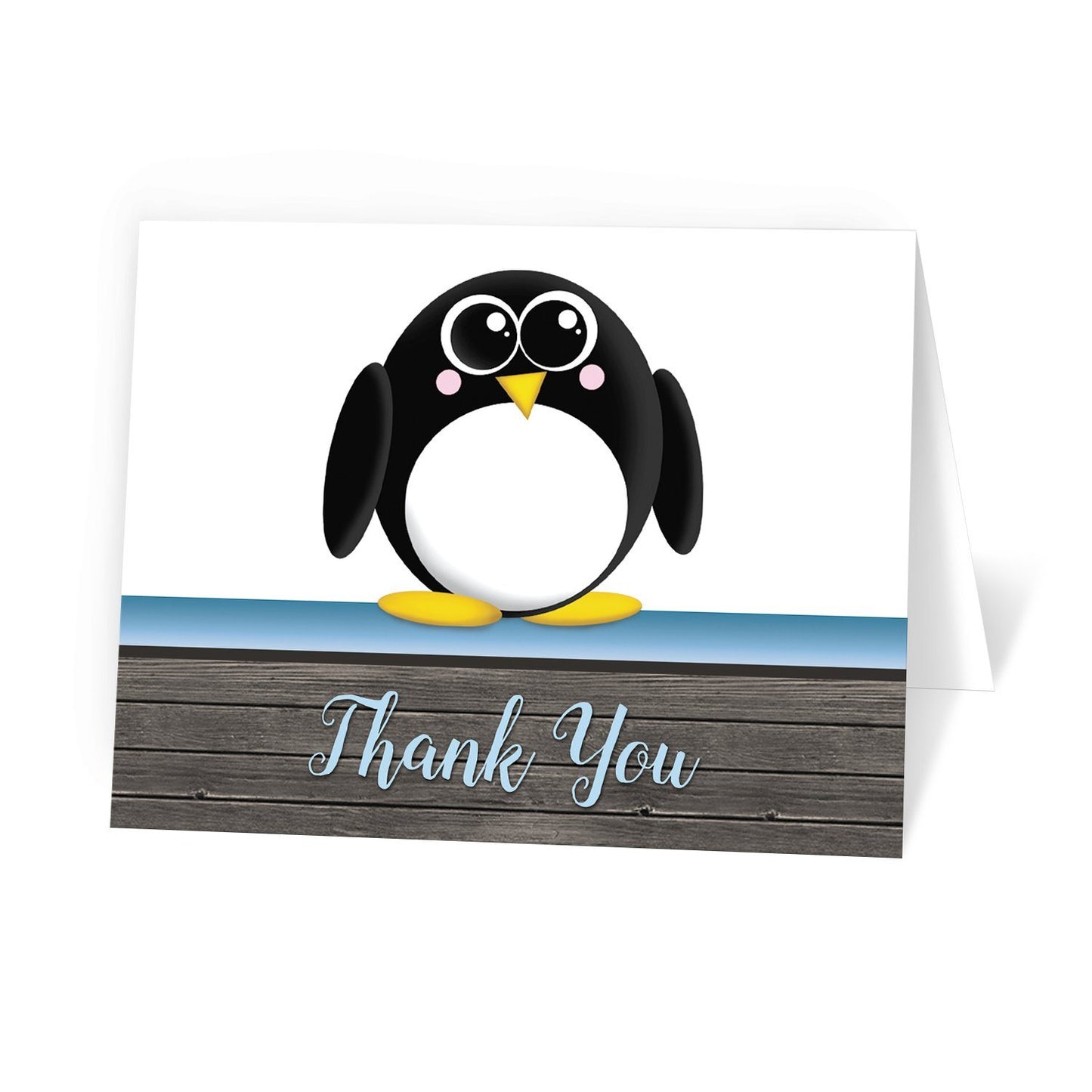Cute Penguin Blue Rustic Wood Thank You Cards at Artistically Invited