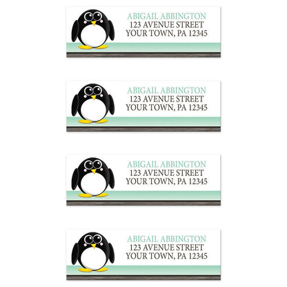Cute Penguin Mint Green Rustic Address Labels at Artistically Invited