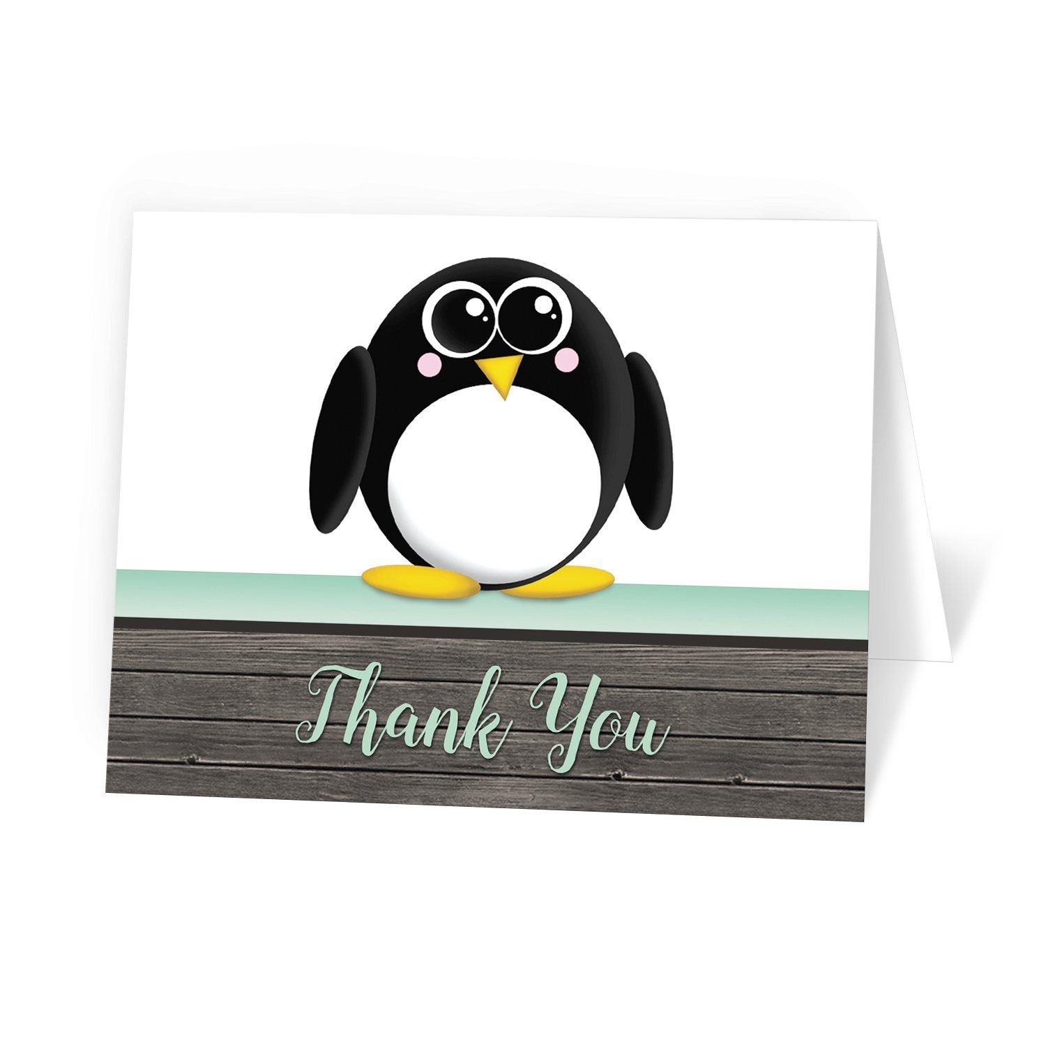 Cute Penguin Mint Green Rustic Wood Thank You Cards at Artistically Invited