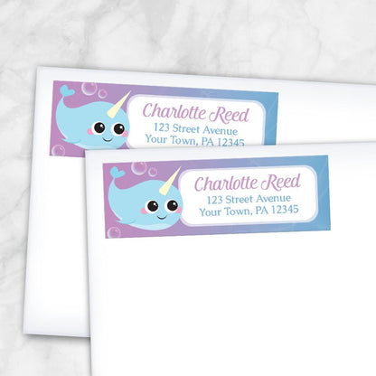 Cute Happy Narwhal Return Address Labels at Artistically Invited