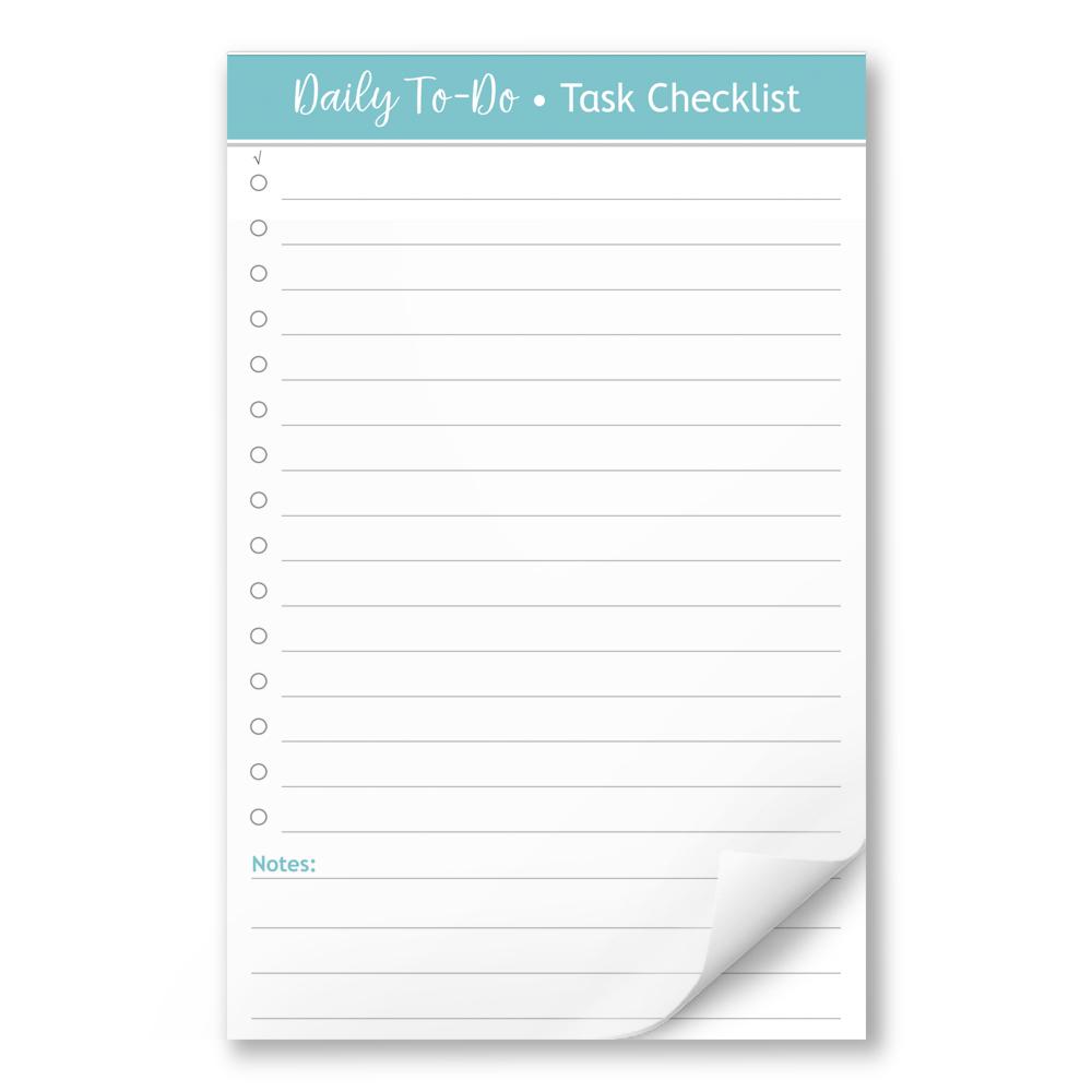 Daily To-Do List in Turquoise - Task Checklist 5.5 x 8.5 Notepad at Artistically Invited. A functional and practical 5.5" x 8.5" turquoise daily task checklist - to-do list notepad for all of your personal or professional daily or ongoing to-dos. This printed medium sized to-do list notepad contains 53 pages, all printed with 15 lines each for your tasks, with completion circles on the left, and a notes section at the bottom with 4 lines.