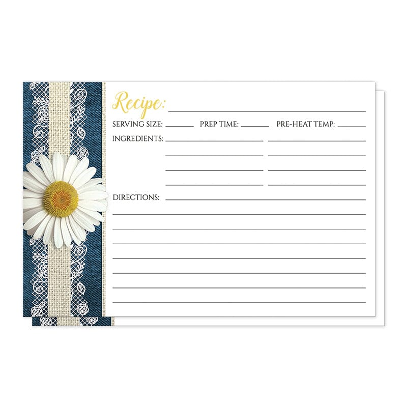 Daisy Burlap and Lace Denim Recipe Cards (front side) at Artistically Invited.