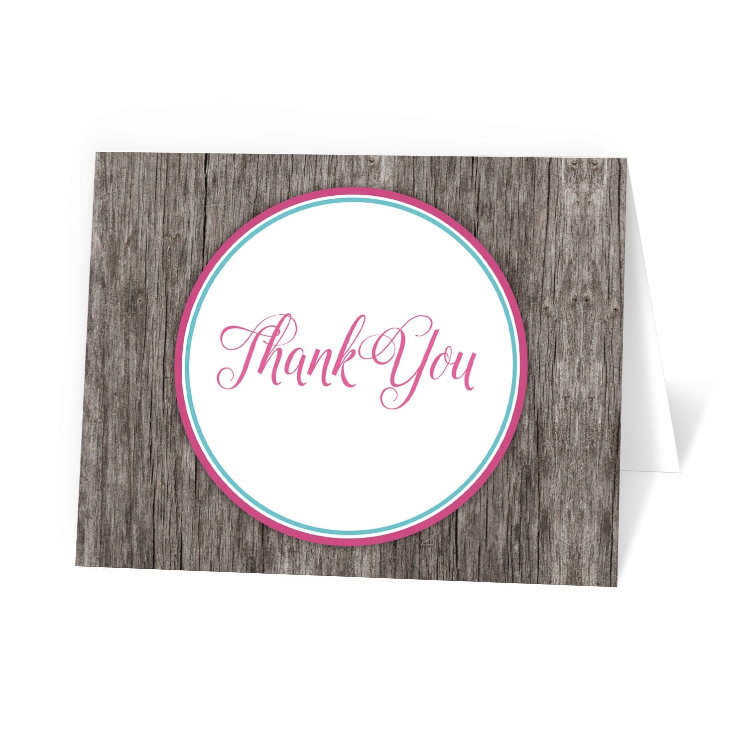 Fuchsia Turquoise Rustic Wood Thank You Cards at Artistically Invited.