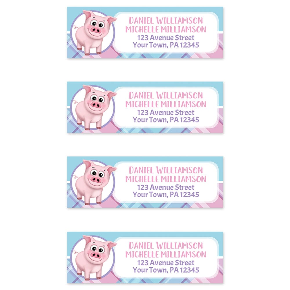 Happy Pig Pink Blue and Purple Plaid Address Labels (4 to a sheet) at Artistically Invited.