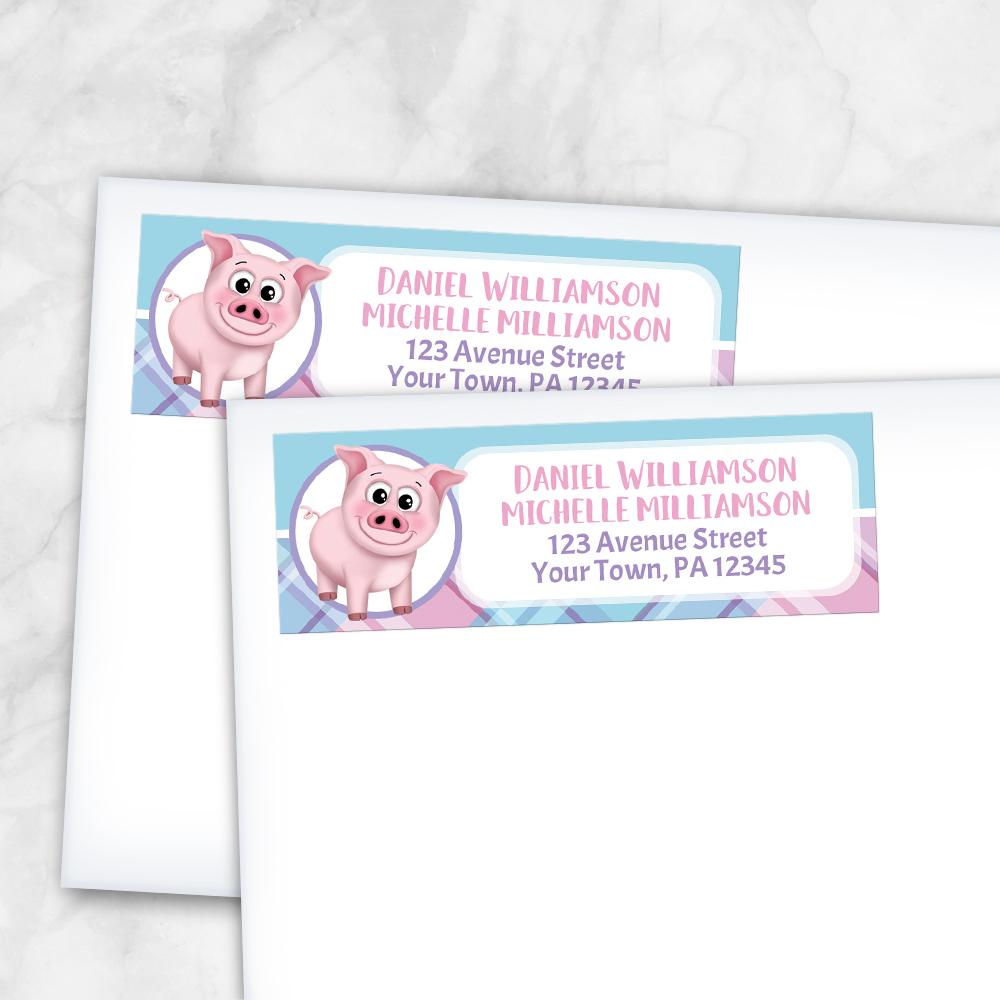 Happy Pig Pink Blue and Purple Plaid - Pig Address Labels at Artistically Invited