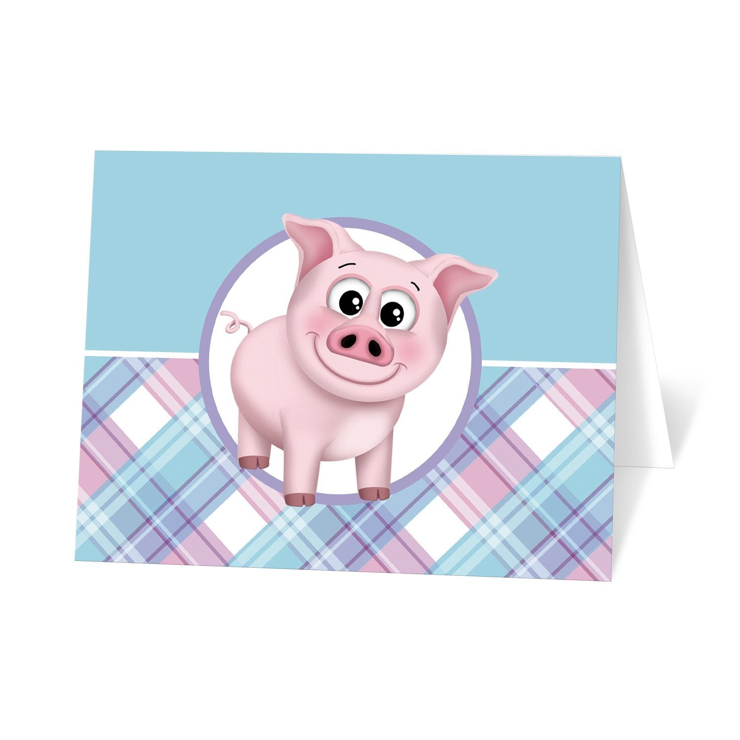 Happy Pig Pink Blue and Purple Plaid Note Cards at Artistically Invited