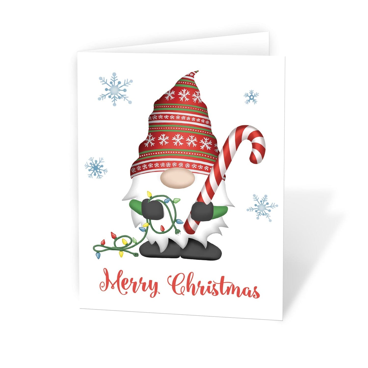 Holiday Gnome Christmas Cards at Artistically Invited. Cute holiday gnome Christmas cards with an illustration of a holiday gnome wearing a red and green festive hat, holding a string of Christmas lights and a large candy cane, and snowflakes around it.
