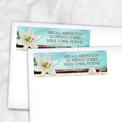 Lily Seashells and Sand Beach Address Labels at Artistically Invited