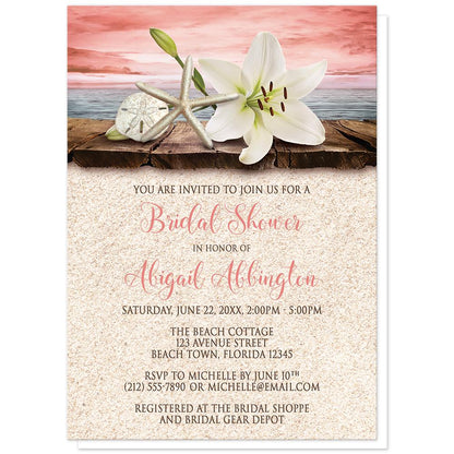 Coral Beach Bridal Shower Invitations - Lily Seashells Sand Coral Beach Bridal Shower Invitations at Artistically Invited