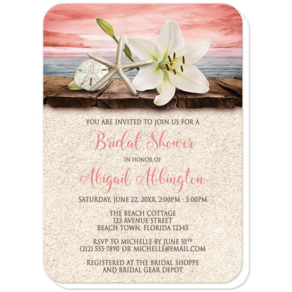 Lily Seashells Sand Coral Beach Bridal Shower Invitations (rounded corners) at Artistically Invited