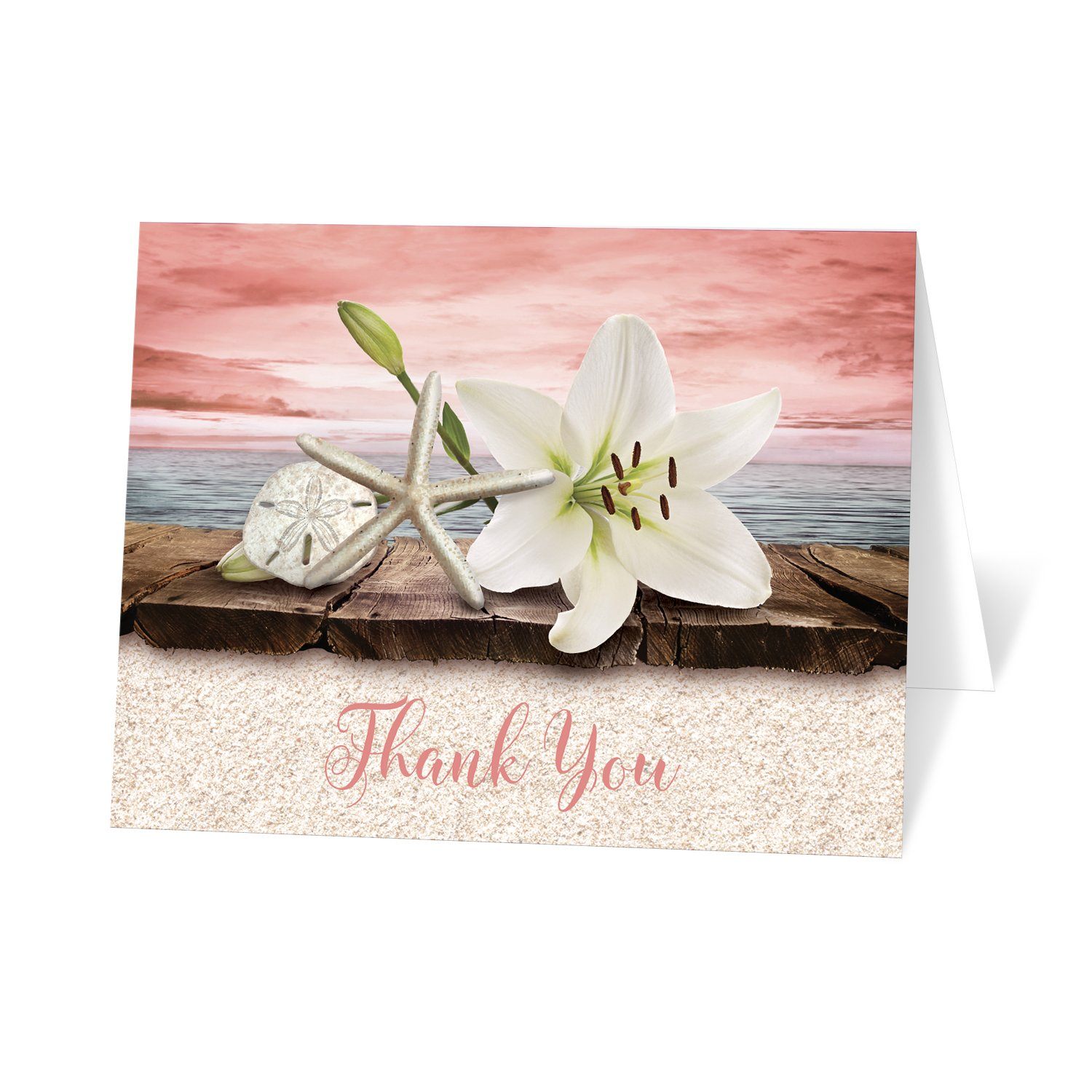 Lily Seashells and Sand Coral Beach Thank You Cards at Artistically Invited
