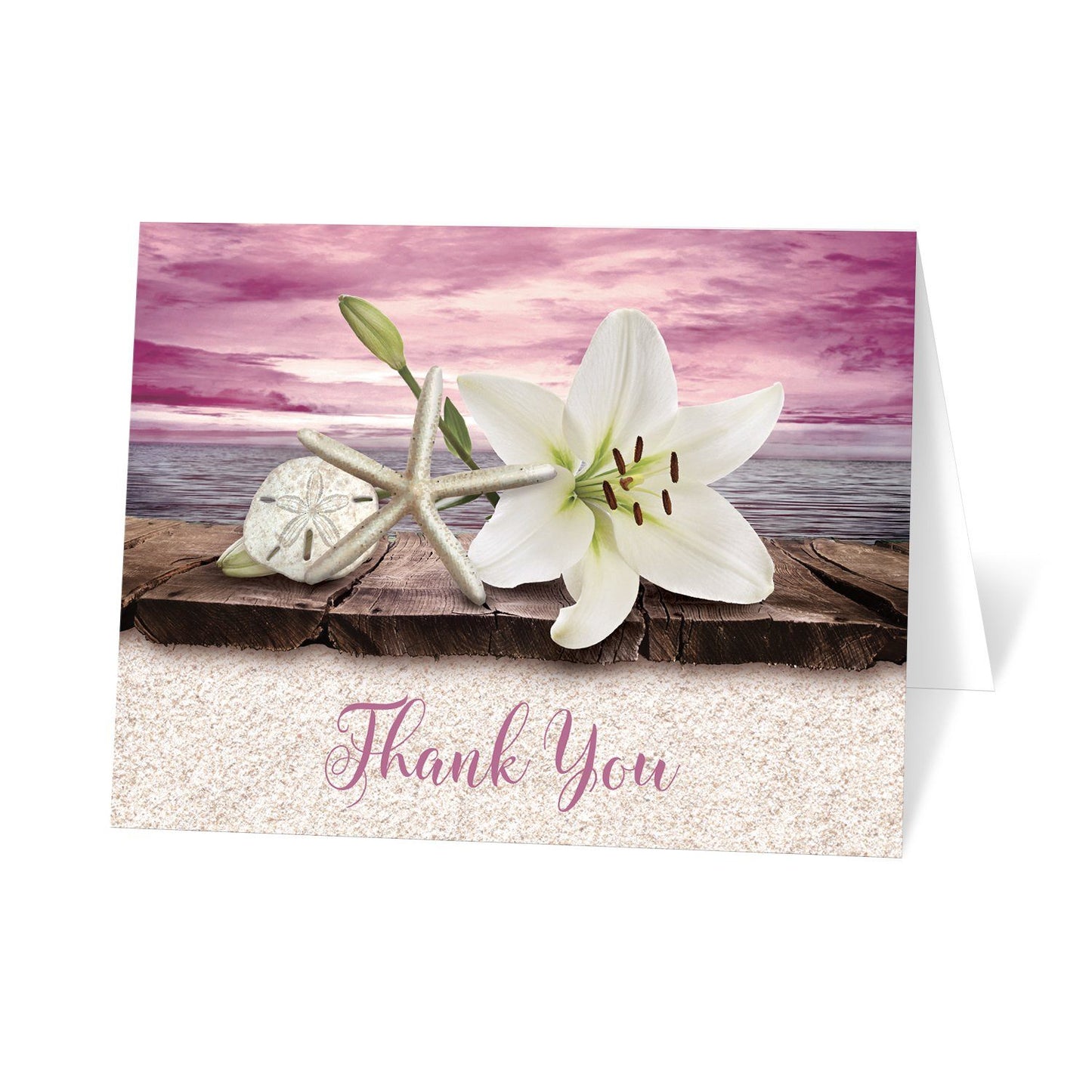 Lily Seashells Sand Magenta Beach Thank You Cards at Artistically Invited