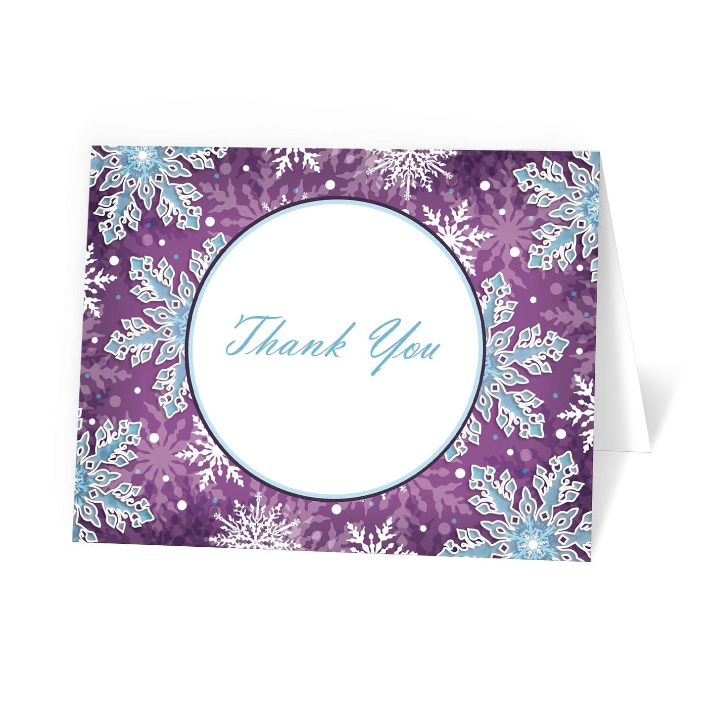 Modern Purple Blue Snowflake Thank You Cards at Artistically Invited.