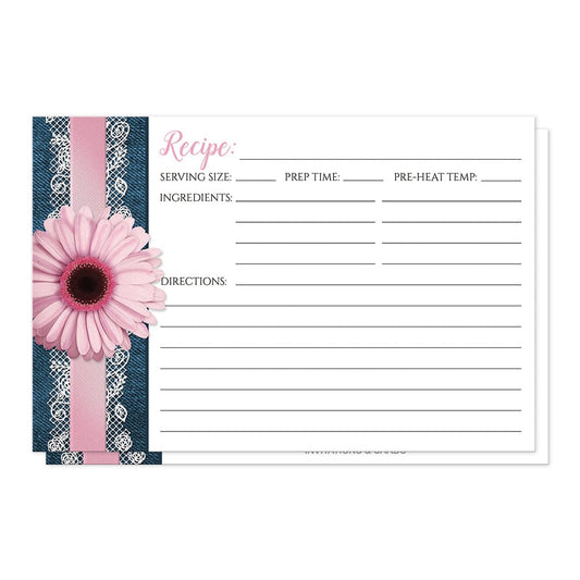 Pink Daisy Lace Rustic Denim Recipe Cards (front side) at Artistically Invited.