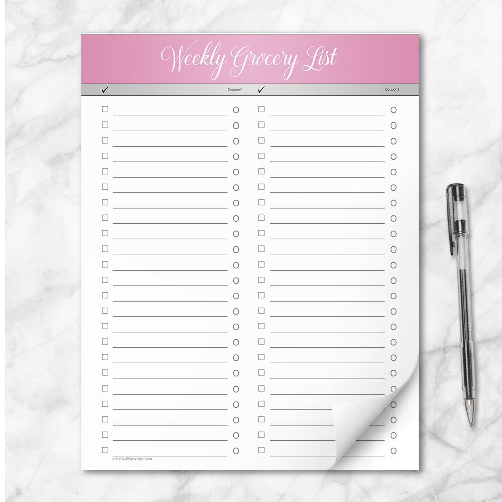 Pink Header Full Page Weekly Grocery List Notepad - 8.5 x 11, at Artistically Invited