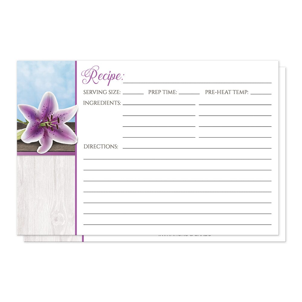 Pretty Floral Wood Purple Lily Recipe Cards (front side) at Artistically Invited.
