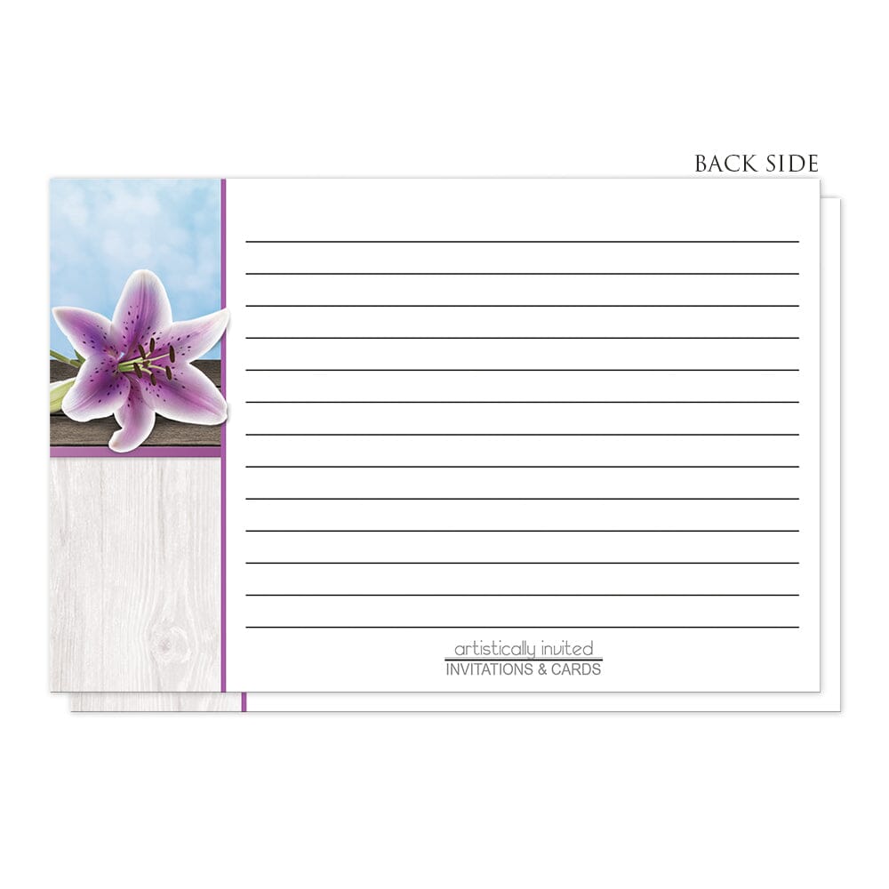 Pretty Floral Wood Purple Lily Recipe Cards (back side) at Artistically Invited.