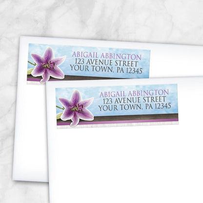 Pretty Floral Wood Purple Lily Address Labels at Artistically Invited