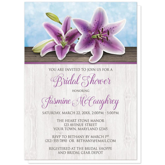 Pretty Floral Wood Purple Lily Bridal Shower Invitations at Artistically Invited
